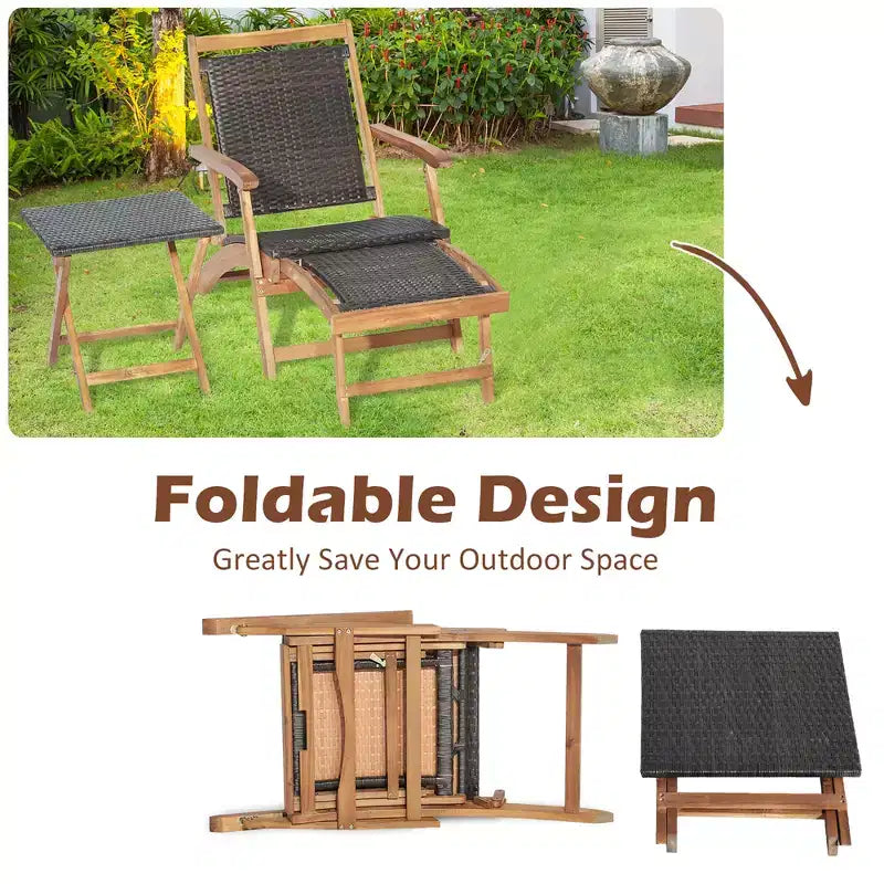 Lot de 4 chaises longues pliantes en rotin pour terrasse avec table en bois d'acacia et repose-pieds rétractable – Sanzelize Design