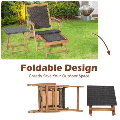 Lot de 4 chaises longues pliantes en rotin pour terrasse avec table en bois d'acacia et repose-pieds rétractable – Sanzelize Design