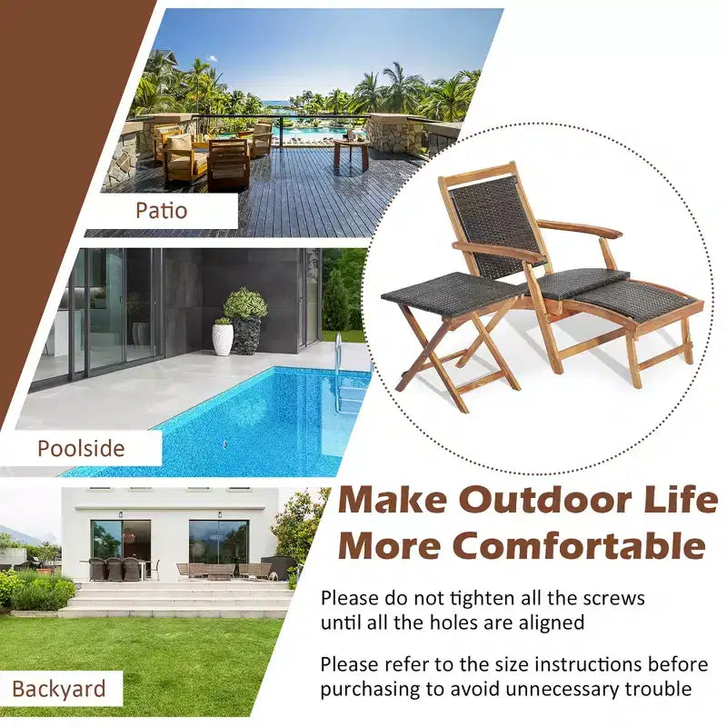 Lot de 4 chaises longues pliantes en rotin pour terrasse avec table en bois d'acacia et repose-pieds rétractable – Sanzelize Design