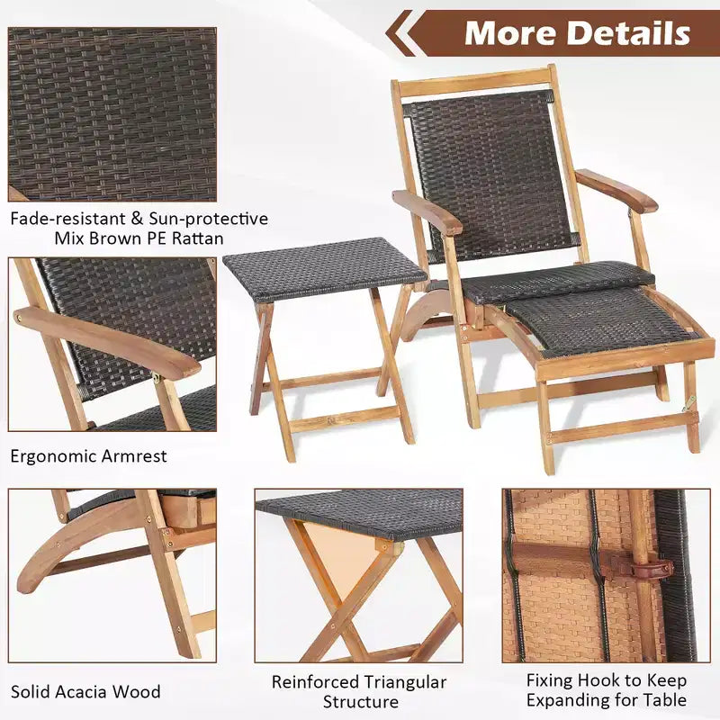 Lot de 4 chaises longues pliantes en rotin pour terrasse avec table en bois d'acacia et repose-pieds rétractable – Sanzelize Design