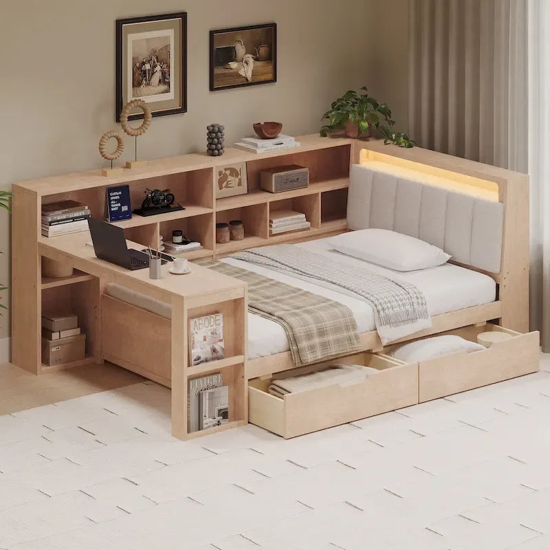 Canapé-lit d'angle en bois en forme de L avec bureau, bibliothèque, lit d'angle avec tiroirs de rangement – Sanzelize Design
