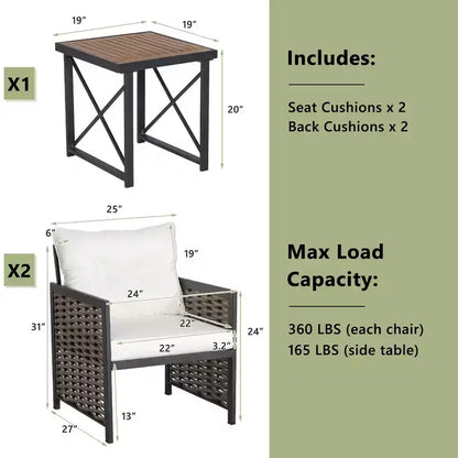 Ensemble de Meubles de Jardin en Rotin 3 Pièces Table Basse en Bois d'Acacia et 2 Chaises pour Jardin/terrasse – Sanzelize Design