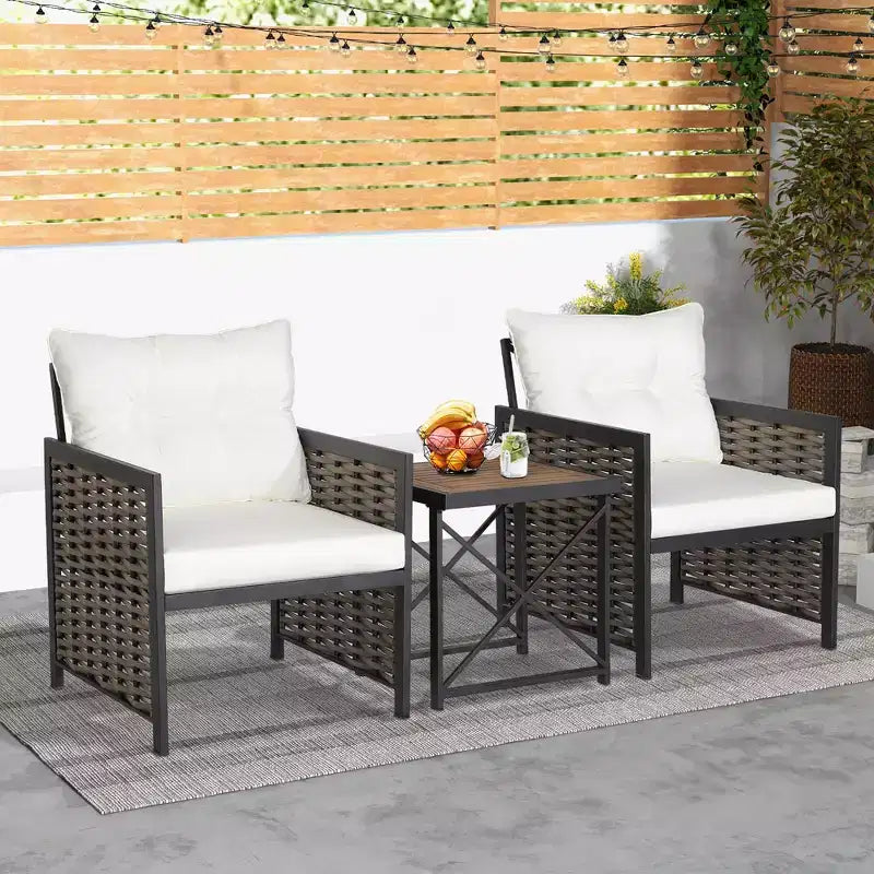 Ensemble de Meubles de Jardin en Rotin 3 Pièces Table Basse en Bois d'Acacia et 2 Chaises pour Jardin/terrasse – Sanzelize Design
