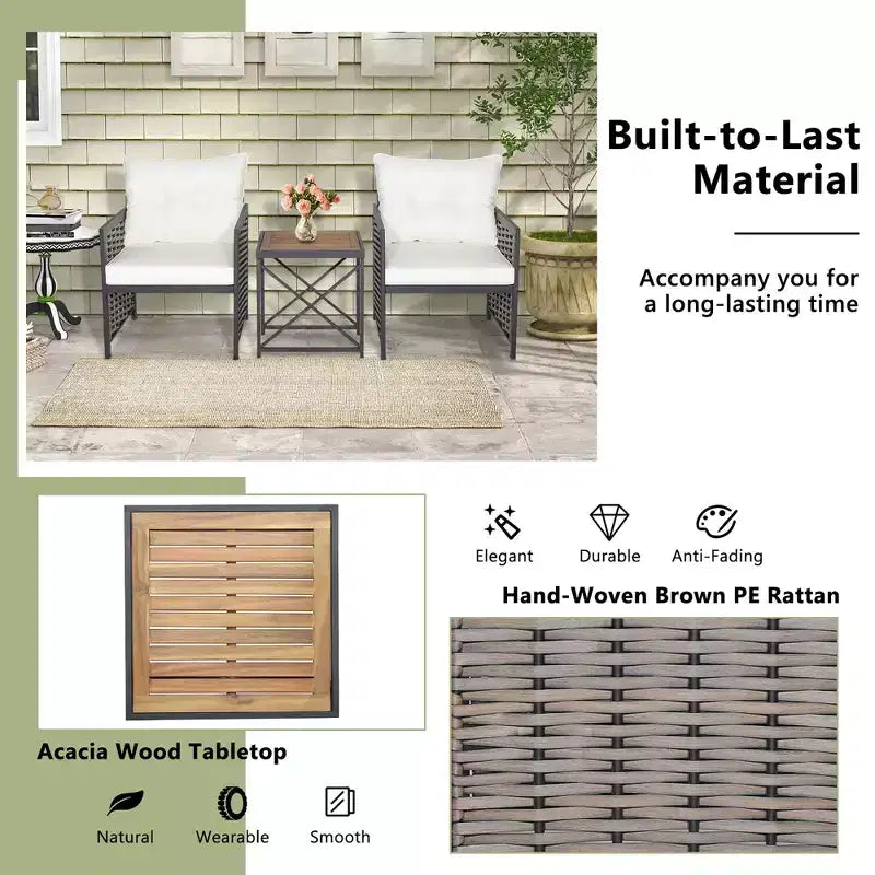 Ensemble de Meubles de Jardin en Rotin 3 Pièces Table Basse en Bois d'Acacia et 2 Chaises pour Jardin/terrasse – Sanzelize Design