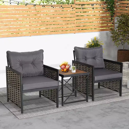 Ensemble de Meubles de Jardin en Rotin 3 Pièces Table Basse en Bois d'Acacia et 2 Chaises pour Jardin/terrasse – Sanzelize Design