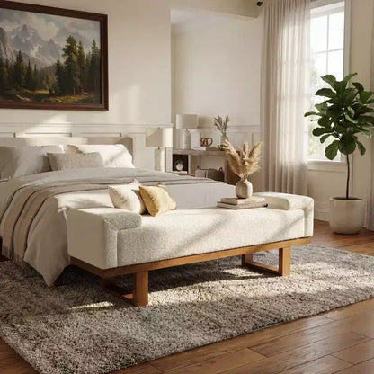 Banc rembourré Paulina moderne en bois d'hévéa et tissu bouclé – Sanzelize Design