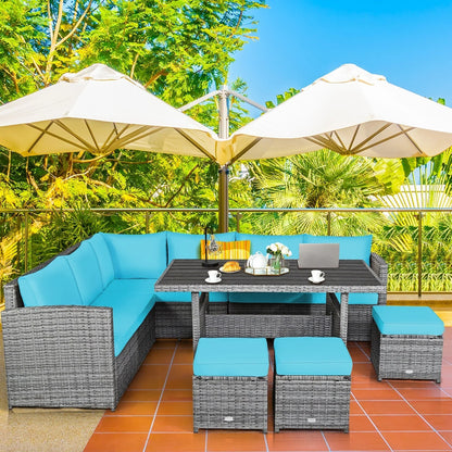 Ensemble de salle à manger 7 pièces en rotin pour terrasse, canapé sectionnel et pouf - Voir détails – Sanzelize Design