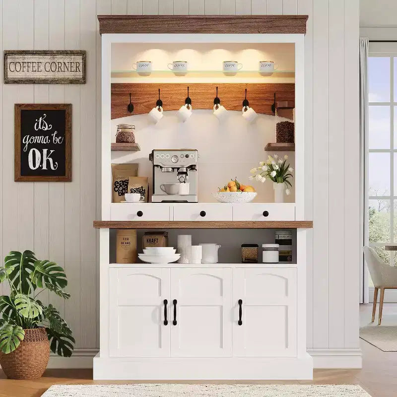Meuble de bar à café de style ferme de 183 cm de haut avec lumières LED, buffet de cuisine avec portes et tiroir – Sanzelize Design