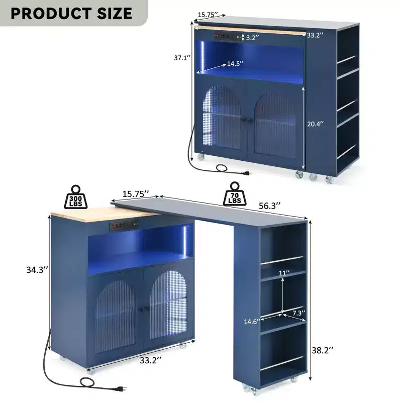 Îlot de cuisine roulant avec 2 portes en verre, Desserte de cuisine avec table extensible et prises de courant – Sanzelize Design