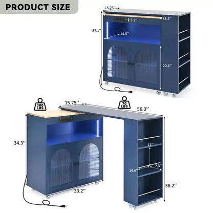 Îlot de cuisine roulant avec 2 portes en verre, Desserte de cuisine avec table extensible et prises de courant – Sanzelize Design