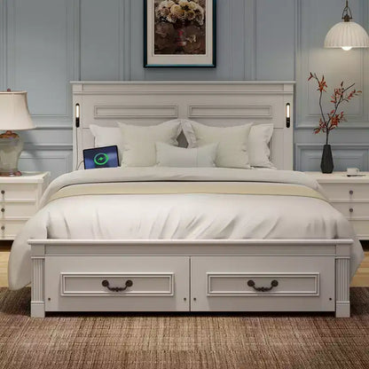 Lit plateforme 152 x 203 cm / 193 x 203 cm avec tête de lit haute, cadre de lit rustique en bois avec 2 tiroirs – Sanzelize Design