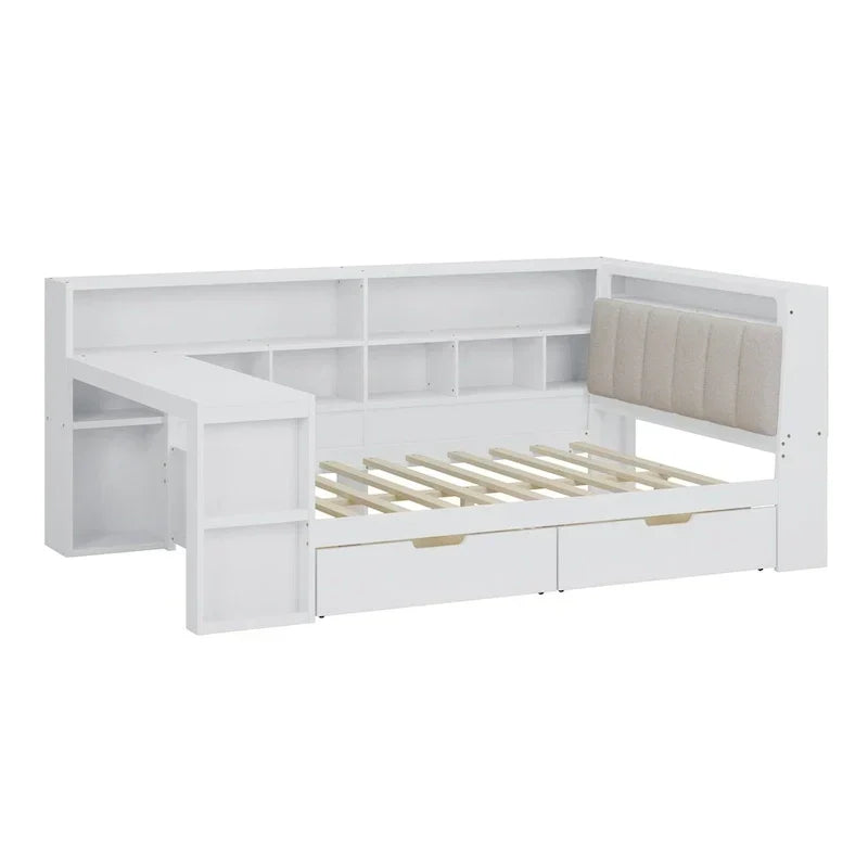 Canapé-lit d'angle en bois en forme de L avec bureau, bibliothèque, lit d'angle avec tiroirs de rangement – Sanzelize Design