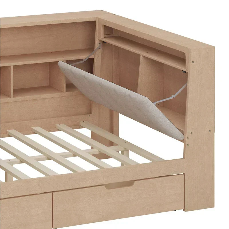 Canapé-lit d'angle en bois en forme de L avec bureau, bibliothèque, lit d'angle avec tiroirs de rangement – Sanzelize Design