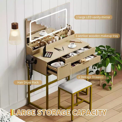 Coiffeuse avec miroir et lumières, miroir lumineux à LED, tiroirs de rangement spacieux pour produits cosmétiques et – Sanzelize Design