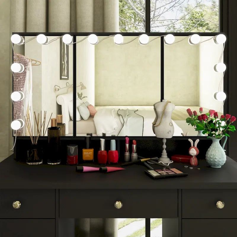 Coiffeuse LED de luxe avec 9 tiroirs, station de maquillage élégante – Sanzelize Design