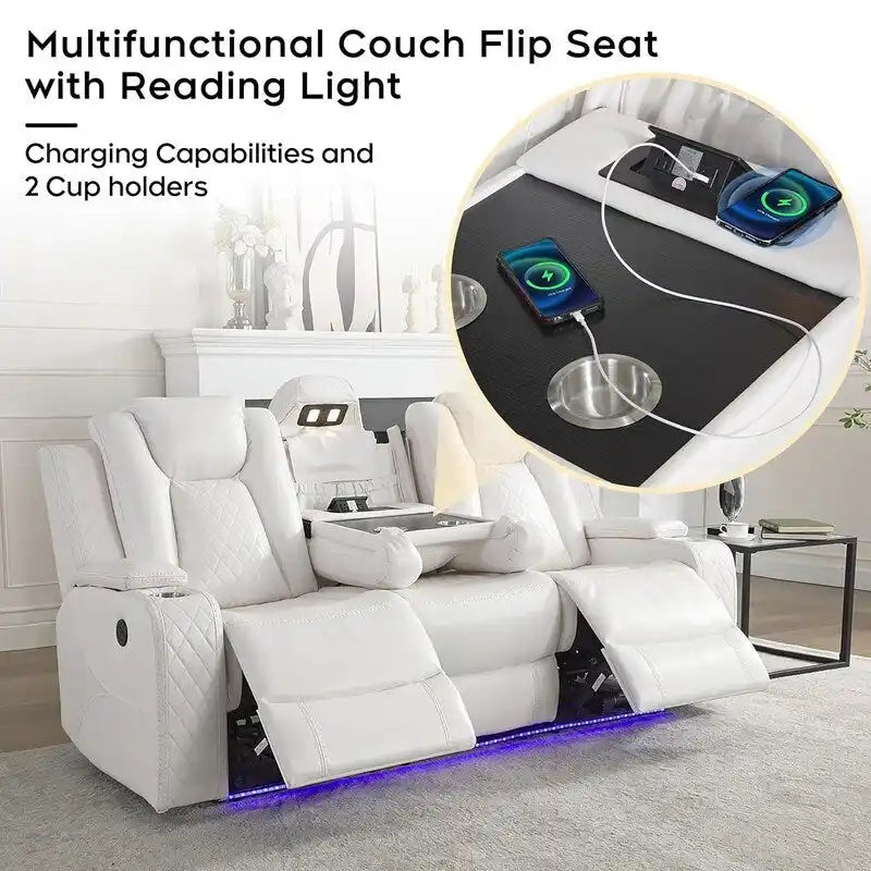 Canapé inclinable électrique avec chargeur sans fil, liseuse pour salon, lumière LED en similicuir, port AC/USB – Sanzelize Design