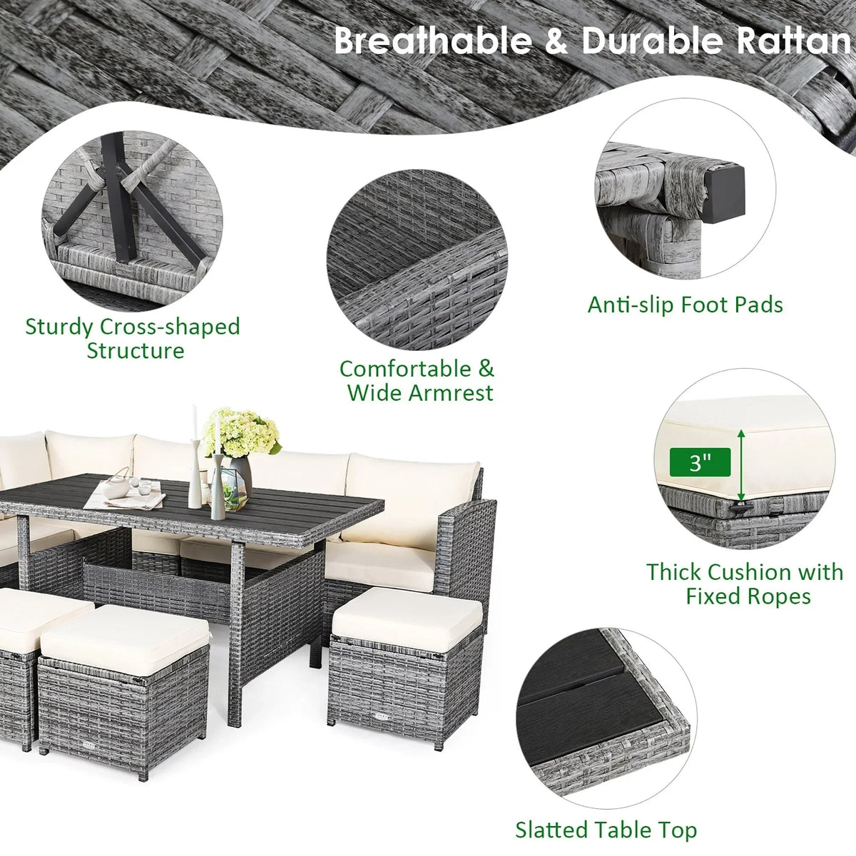 Ensemble de salle à manger 7 pièces en rotin pour terrasse, canapé sectionnel et pouf - Voir détails – Sanzelize Design