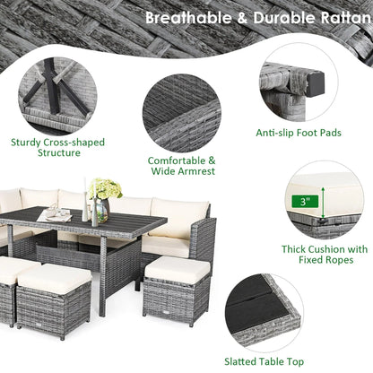 Ensemble de salle à manger 7 pièces en rotin pour terrasse, canapé sectionnel et pouf - Voir détails – Sanzelize Design