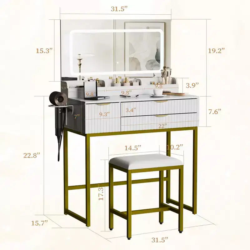 Coiffeuse avec miroir et lumières, miroir lumineux à LED, tiroirs de rangement spacieux pour produits cosmétiques et – Sanzelize Design