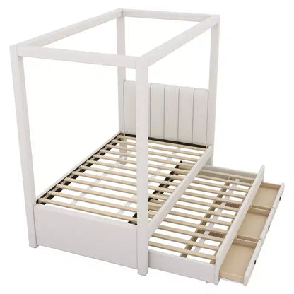 Lit à plateforme à baldaquin tapissé de lin 137 x 191 cm avec lit gigogne et trois tiroirs de rangement – Sanzelize Design