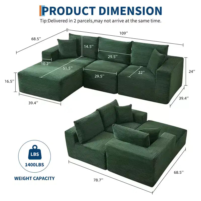 Canapé moderne 274 cm, canapé 3 places rembourré en forme de L avec oreillers, canapé à assise profonde – Sanzelize Design