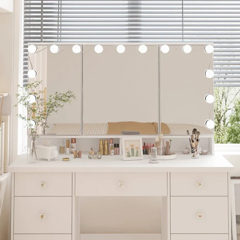Coiffeuse LED de luxe avec 9 tiroirs, station de maquillage élégante – Sanzelize Design