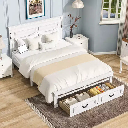 Lit plateforme 152 x 203 cm / 193 x 203 cm avec tête de lit haute, cadre de lit rustique en bois avec 2 tiroirs – Sanzelize Design