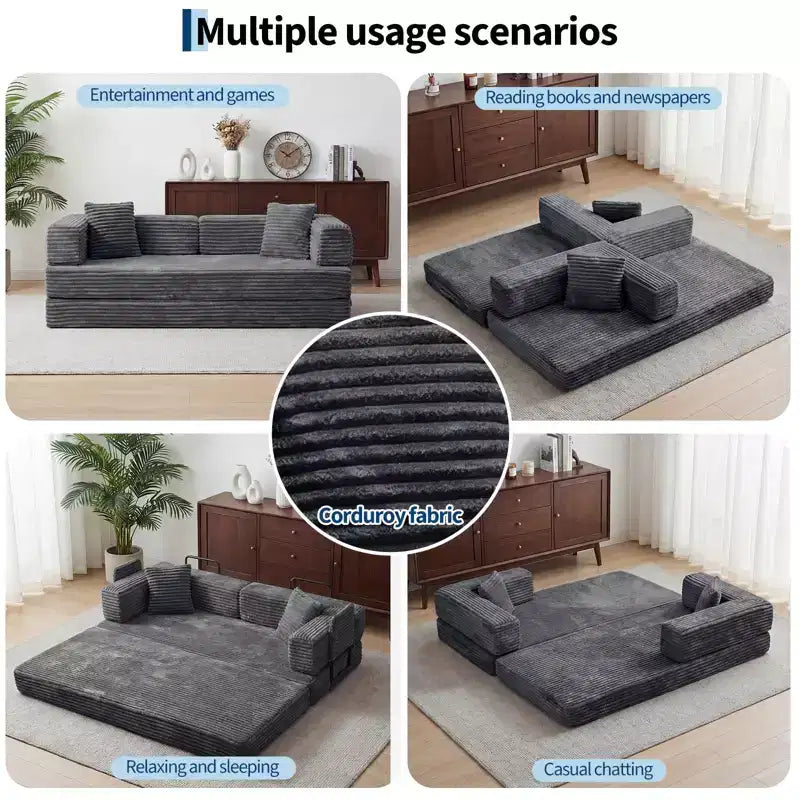 Canapé-lit convertible 5-en-1 de 205 cm – Velours côtelé, charge max. 544 kg, sans assemblage – Sanzelize Design