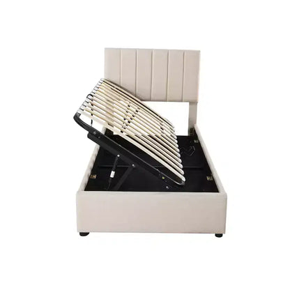 Lit de rangement relevable double, lit plateforme tapissé avec système de rangement hydraulique – Sanzelize Design