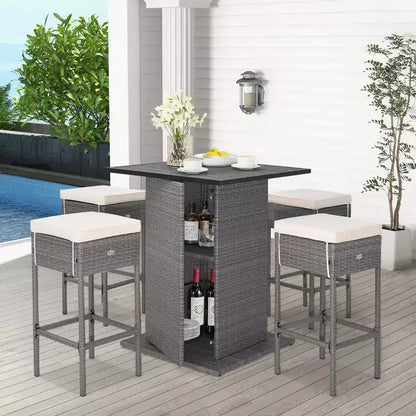 Ensemble table de bar et 4 tabourets d'extérieur en osier avec étagères de rangement cachées – Sanzelize Design