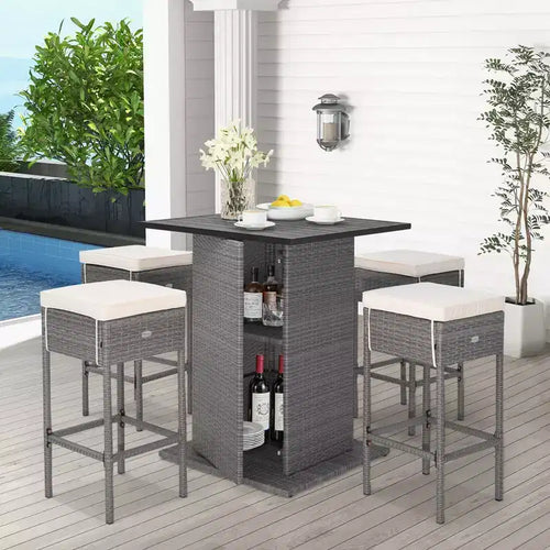 Ensemble table de bar et 4 tabourets d'extérieur en osier avec étagères de rangement cachées – Sanzelize Design