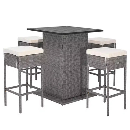 Ensemble table de bar et 4 tabourets d'extérieur en osier avec étagères de rangement cachées – Sanzelize Design