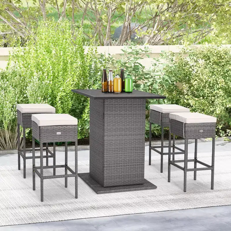Ensemble table de bar et 4 tabourets d'extérieur en osier avec étagères de rangement cachées – Sanzelize Design