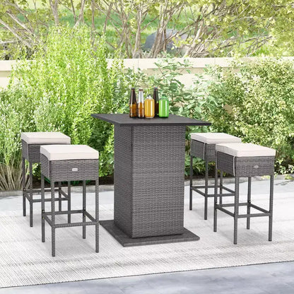 Ensemble table de bar et 4 tabourets d'extérieur en osier avec étagères de rangement cachées – Sanzelize Design