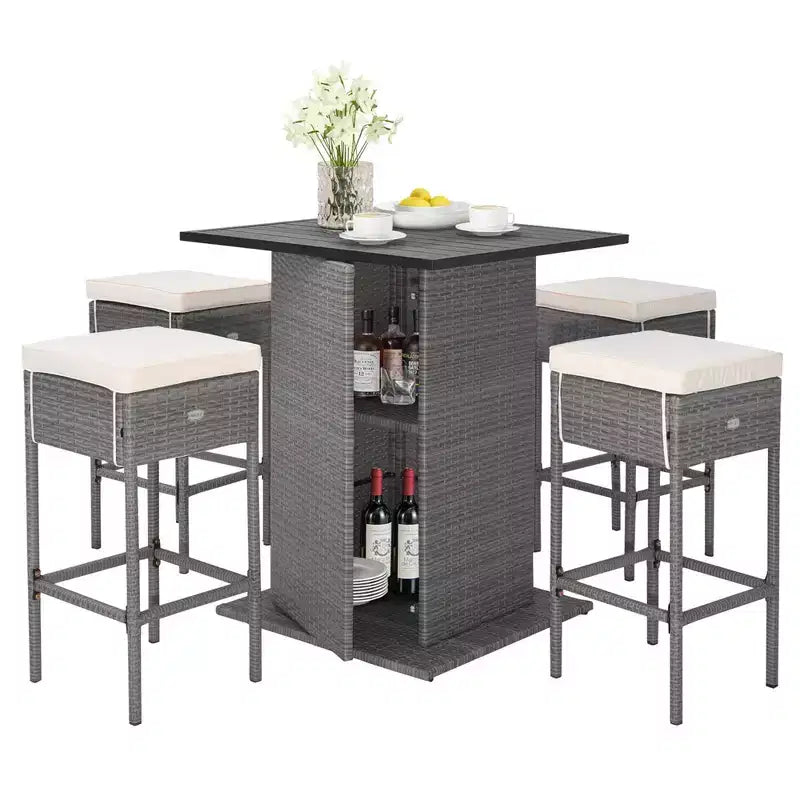 Ensemble table de bar et 4 tabourets d'extérieur en osier avec étagères de rangement cachées – Sanzelize Design