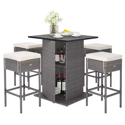 Ensemble table de bar et 4 tabourets d'extérieur en osier avec étagères de rangement cachées – Sanzelize Design