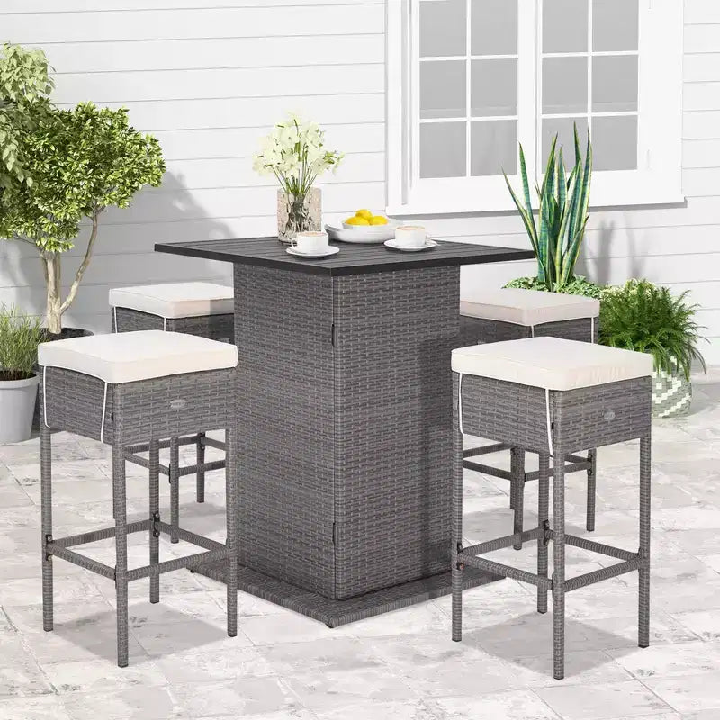 Ensemble table de bar et 4 tabourets d'extérieur en osier avec étagères de rangement cachées – Sanzelize Design