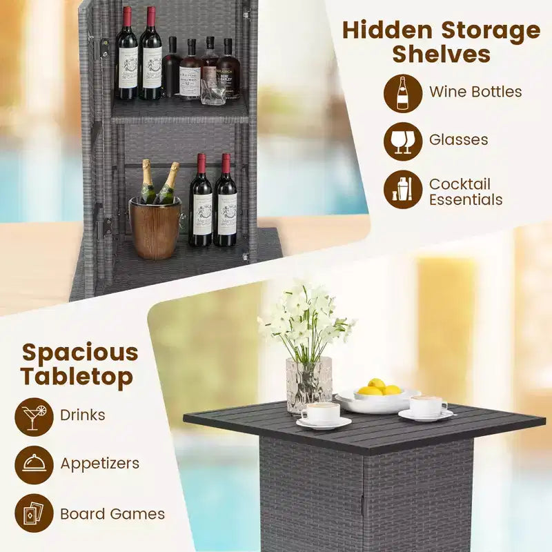 Ensemble table de bar et 4 tabourets d'extérieur en osier avec étagères de rangement cachées – Sanzelize Design