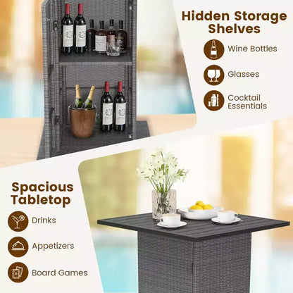 Ensemble table de bar et 4 tabourets d'extérieur en osier avec étagères de rangement cachées – Sanzelize Design