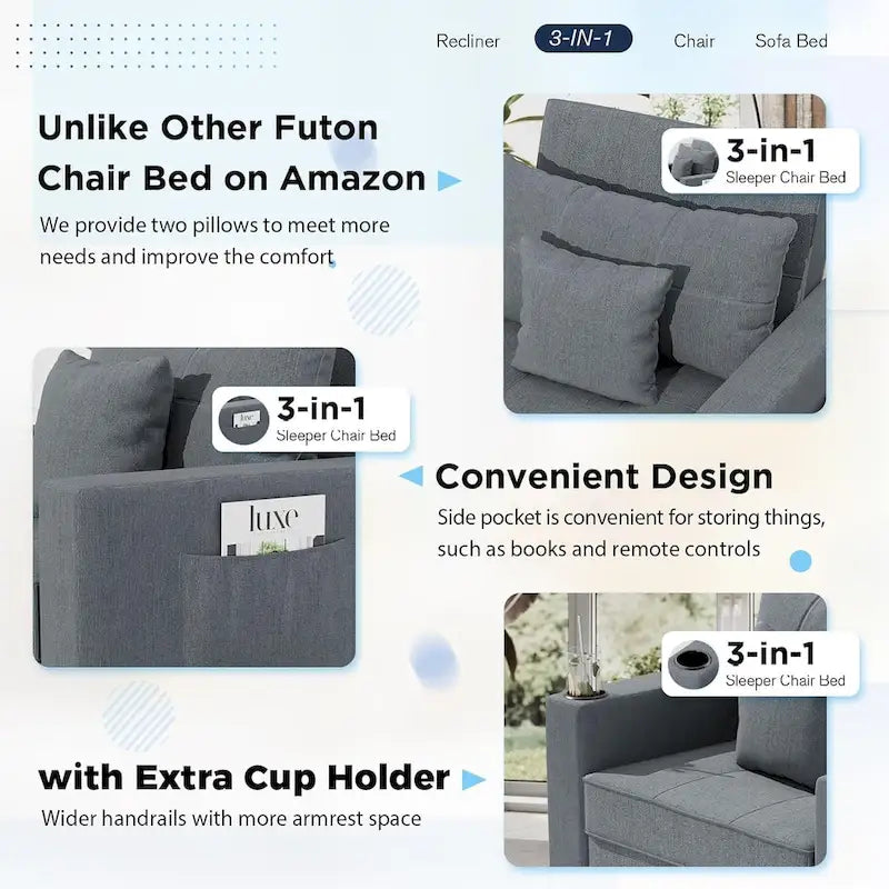 Fauteuil convertible 3-en-1, plusieurs coloris, une place – Sanzelize Design