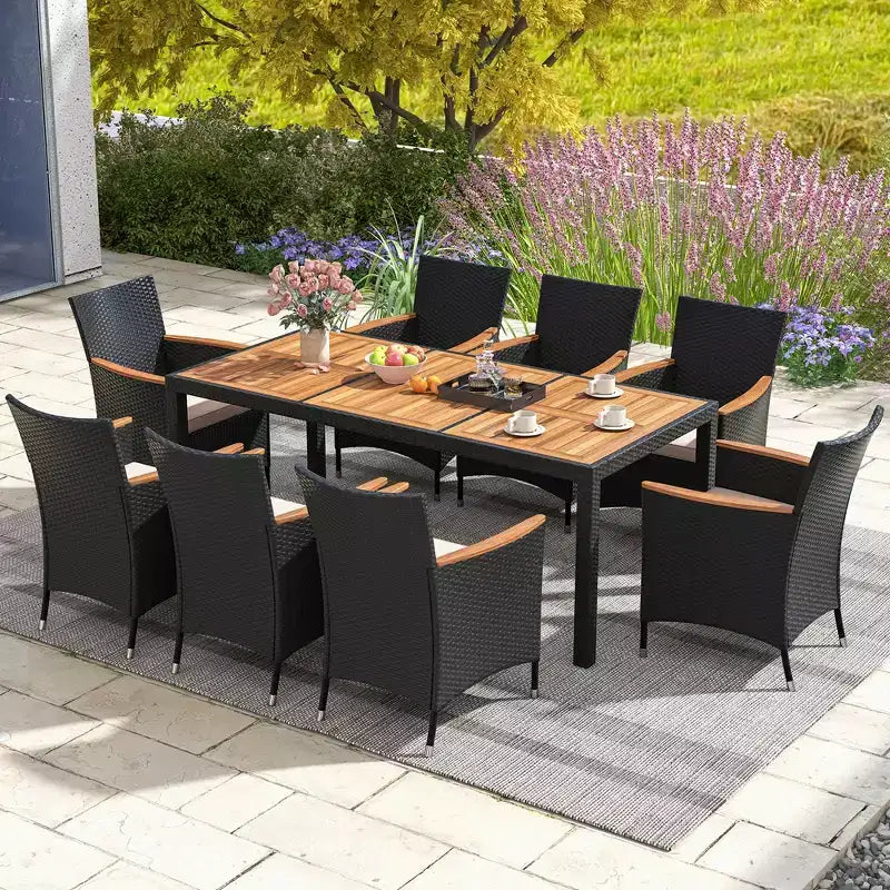 Ensemble de salle à manger d'extérieur 9 pièces avec plateau de table en bois d'acacia, trou pour parasol – Sanzelize Design