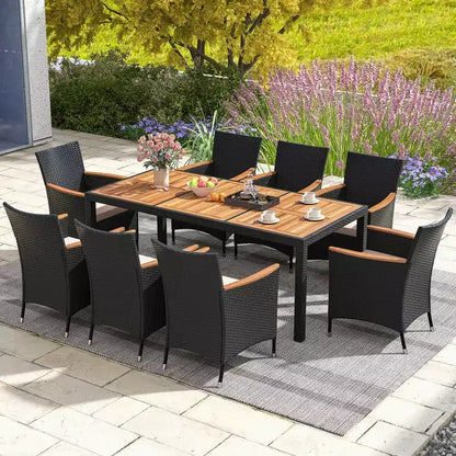 Ensemble de salle à manger d'extérieur 9 pièces avec plateau de table en bois d'acacia, trou pour parasol – Sanzelize Design