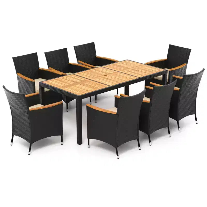 Ensemble de salle à manger d'extérieur 9 pièces avec plateau de table en bois d'acacia, trou pour parasol – Sanzelize Design