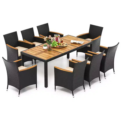 Ensemble de salle à manger d'extérieur 9 pièces avec plateau de table en bois d'acacia, trou pour parasol – Sanzelize Design