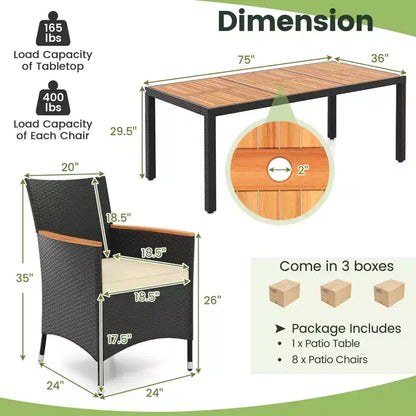 Ensemble de salle à manger d'extérieur 9 pièces avec plateau de table en bois d'acacia, trou pour parasol – Sanzelize Design