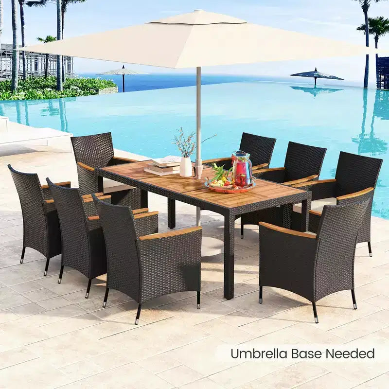 Ensemble de salle à manger d'extérieur 9 pièces avec plateau de table en bois d'acacia, trou pour parasol – Sanzelize Design