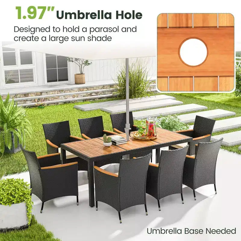Ensemble de salle à manger d'extérieur 9 pièces avec plateau de table en bois d'acacia, trou pour parasol – Sanzelize Design