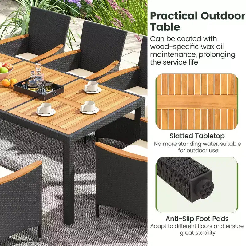 Ensemble de salle à manger d'extérieur 9 pièces avec plateau de table en bois d'acacia, trou pour parasol – Sanzelize Design