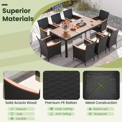 Ensemble de salle à manger d'extérieur 9 pièces avec plateau de table en bois d'acacia, trou pour parasol – Sanzelize Design