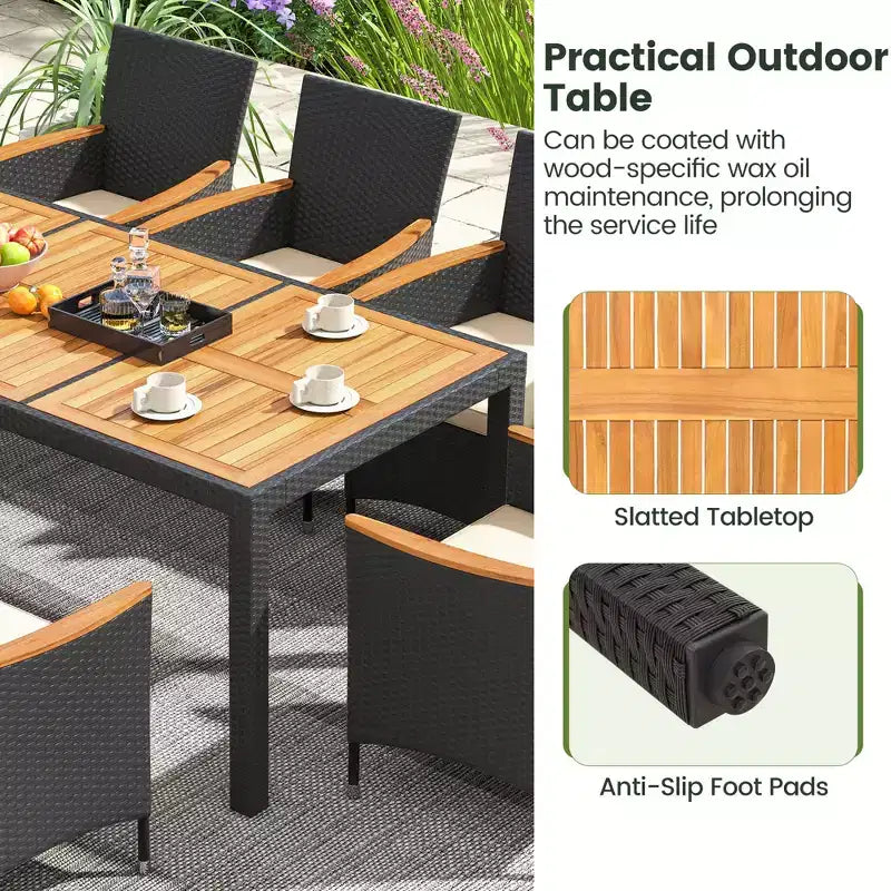 Ensemble de salle à manger d'extérieur 9 pièces avec plateau de table en bois d'acacia, trou pour parasol – Sanzelize Design